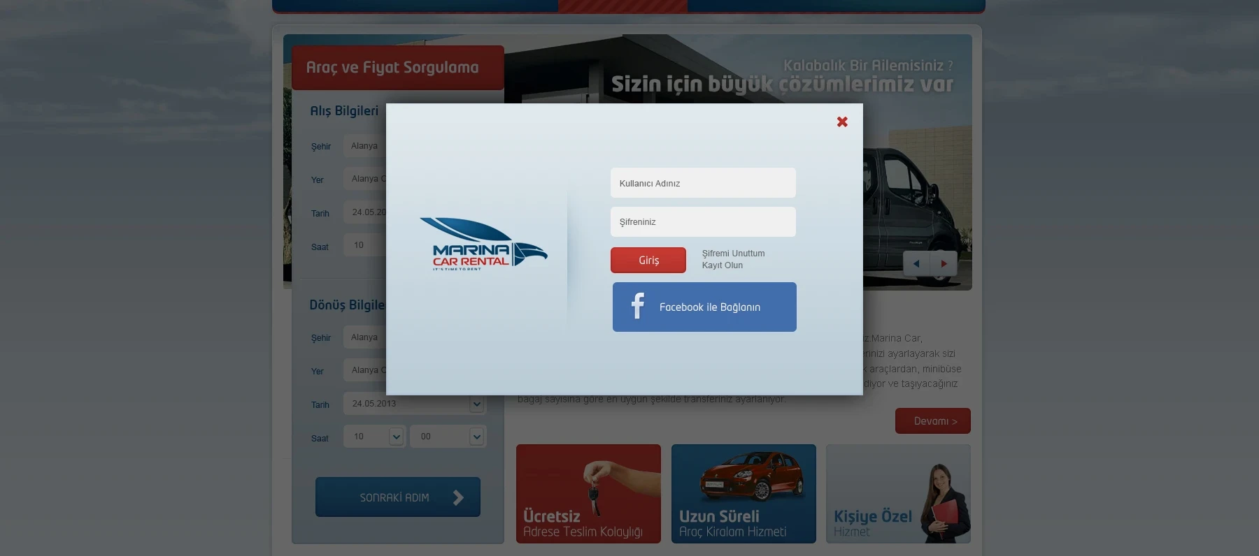 Marina Car Rental - Araç Kiralama Sitesi Web Arayüz Tasarımı / Giriş